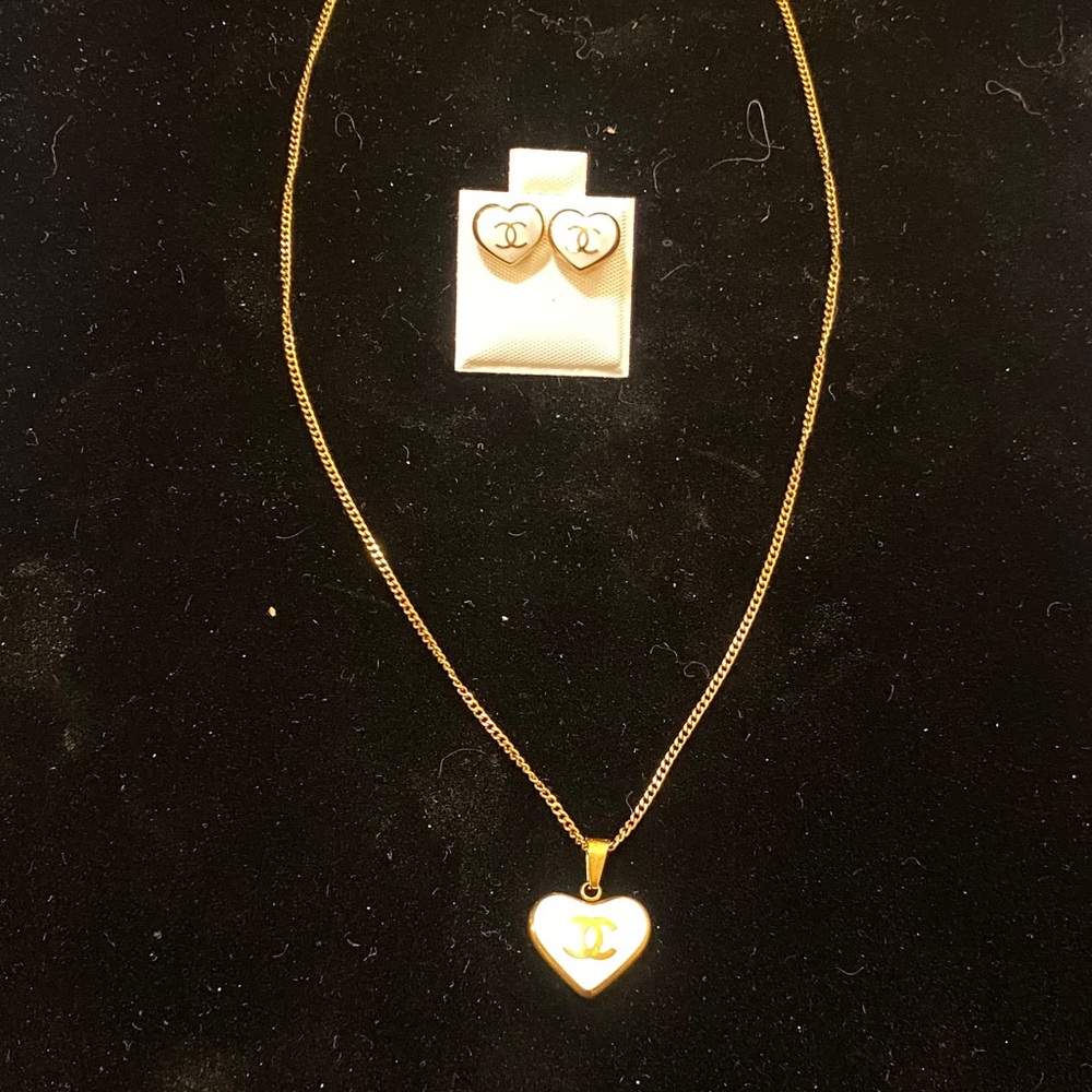 Gold Heart Pendant CHANEL Necklace and Earrings Set